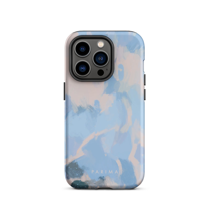 Dove, blue and pink abstract art on iPhone 14 Pro tough case by Parima Studio