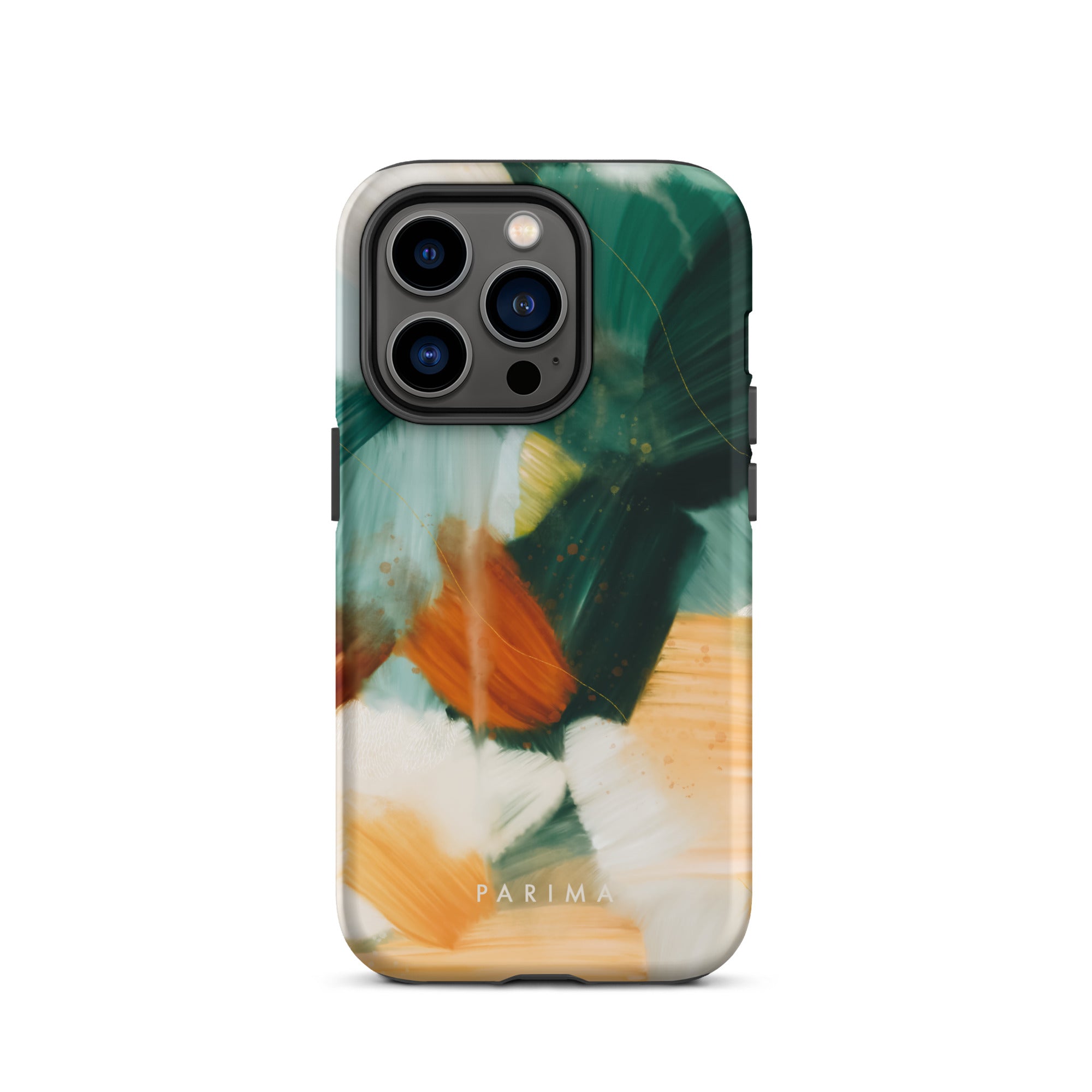 Meridian, green and orange abstract art on iPhone 14 Pro tough case by Parima Studio