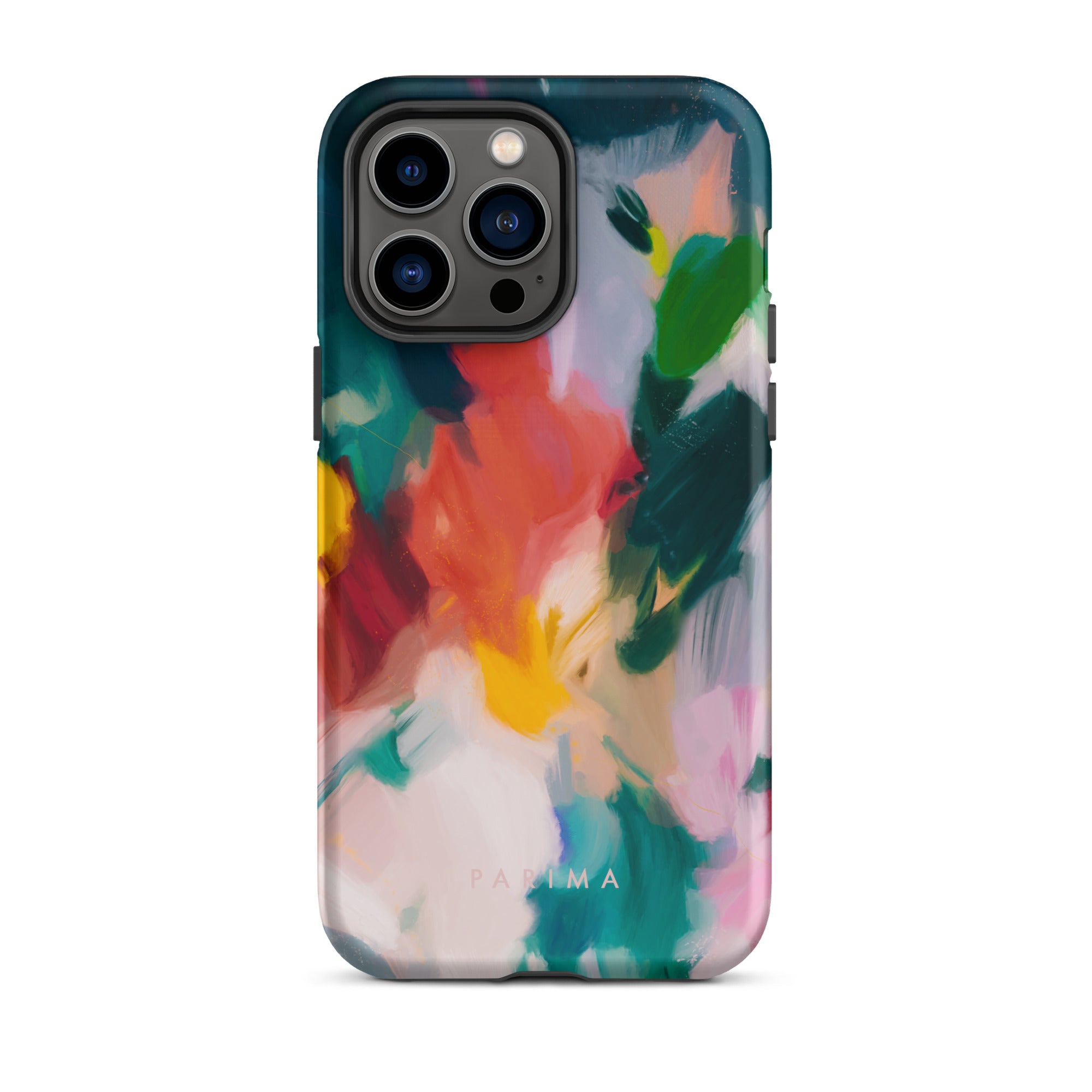 Pomme, blue and red abstract art on iPhone 14 Pro Max tough case by Parima Studio