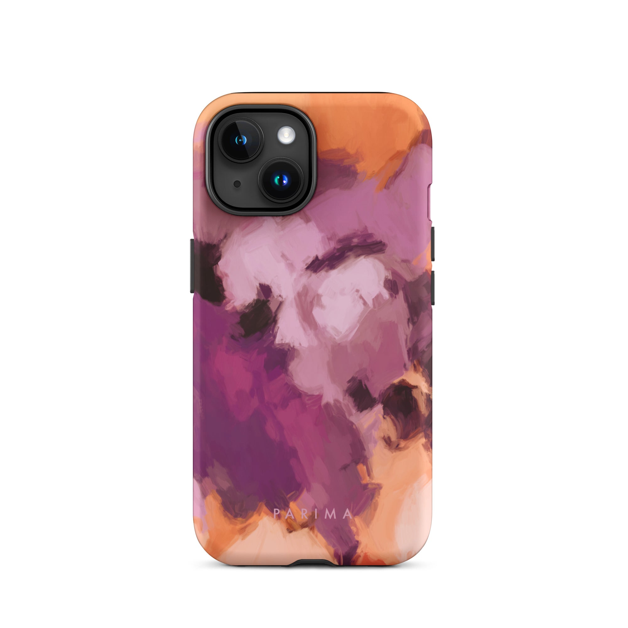 Lilac, purple and orange abstract art on iPhone 15 tough case by Parima Studio