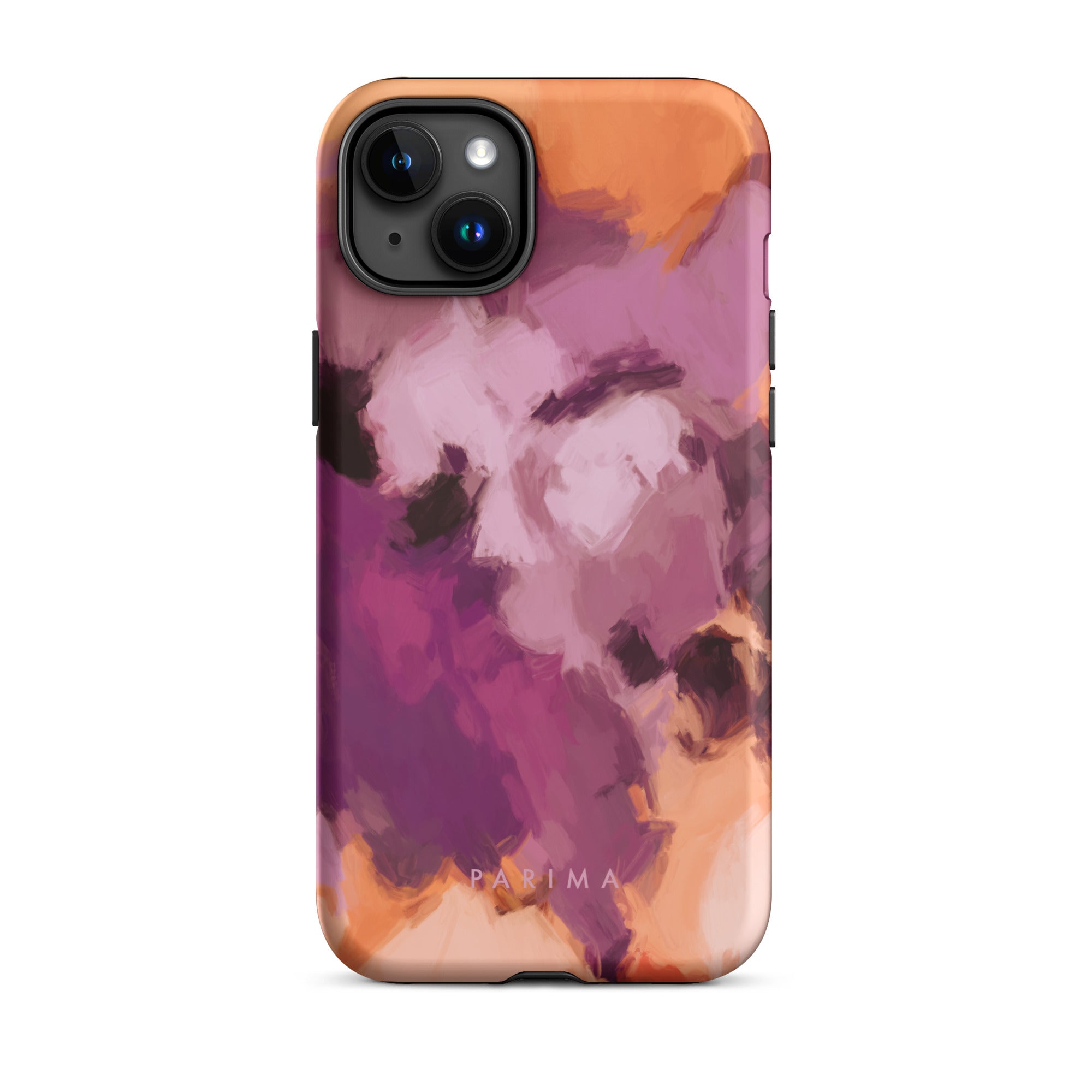 Lilac, purple and orange abstract art on iPhone 15 Plus tough case by Parima Studio