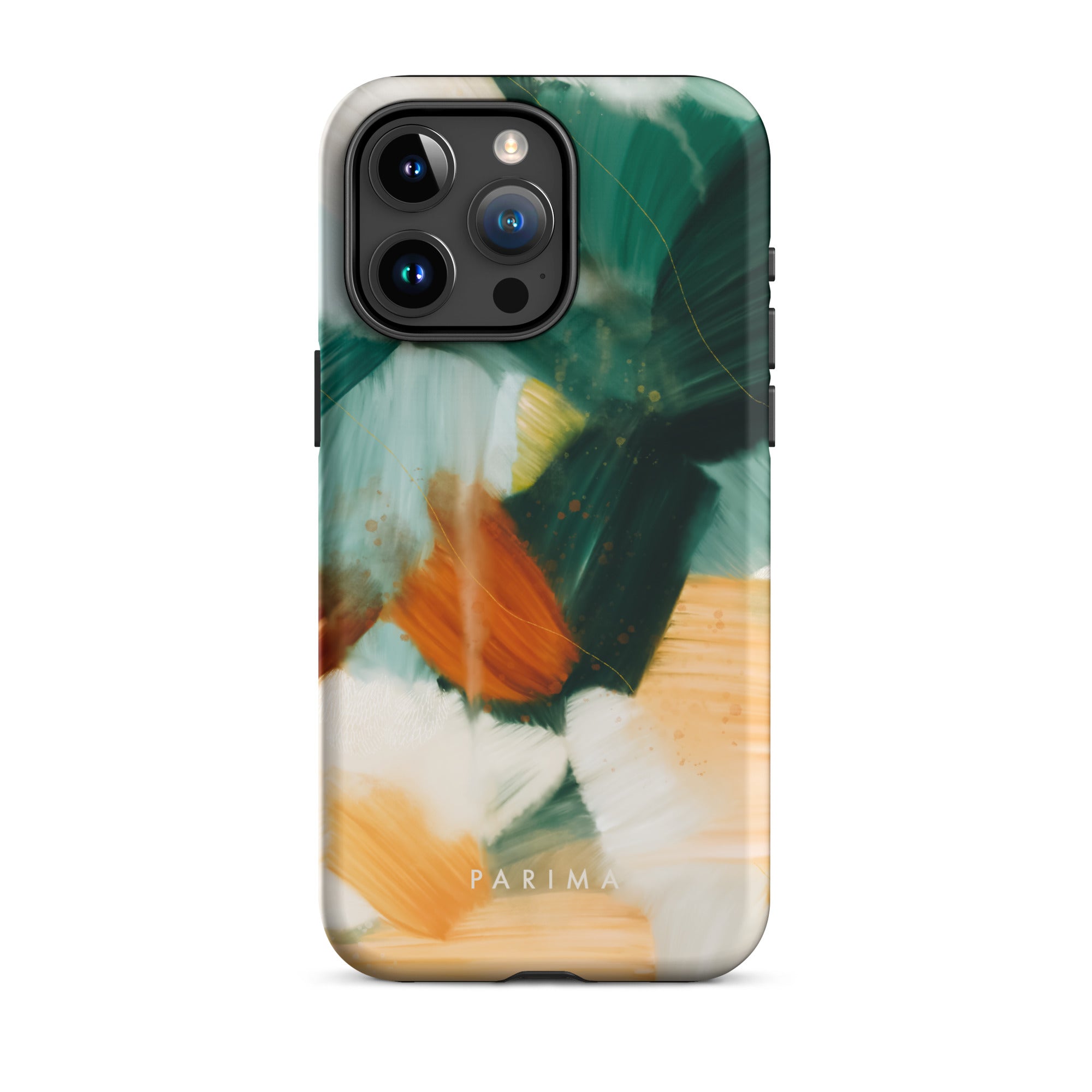Meridian, green and orange abstract art on iPhone 15 Pro Max tough case by Parima Studio
