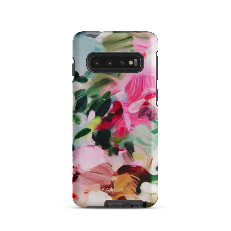 Bloom, pink and green abstract art on Samsung Galaxy S10 tough case by Parima Studio