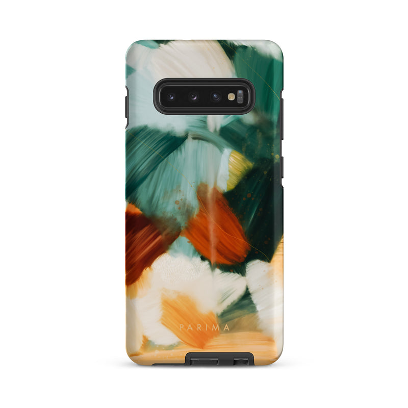 Meridian, green and orange abstract art on Samsung Galaxy S10 Plus tough case by Parima Studio