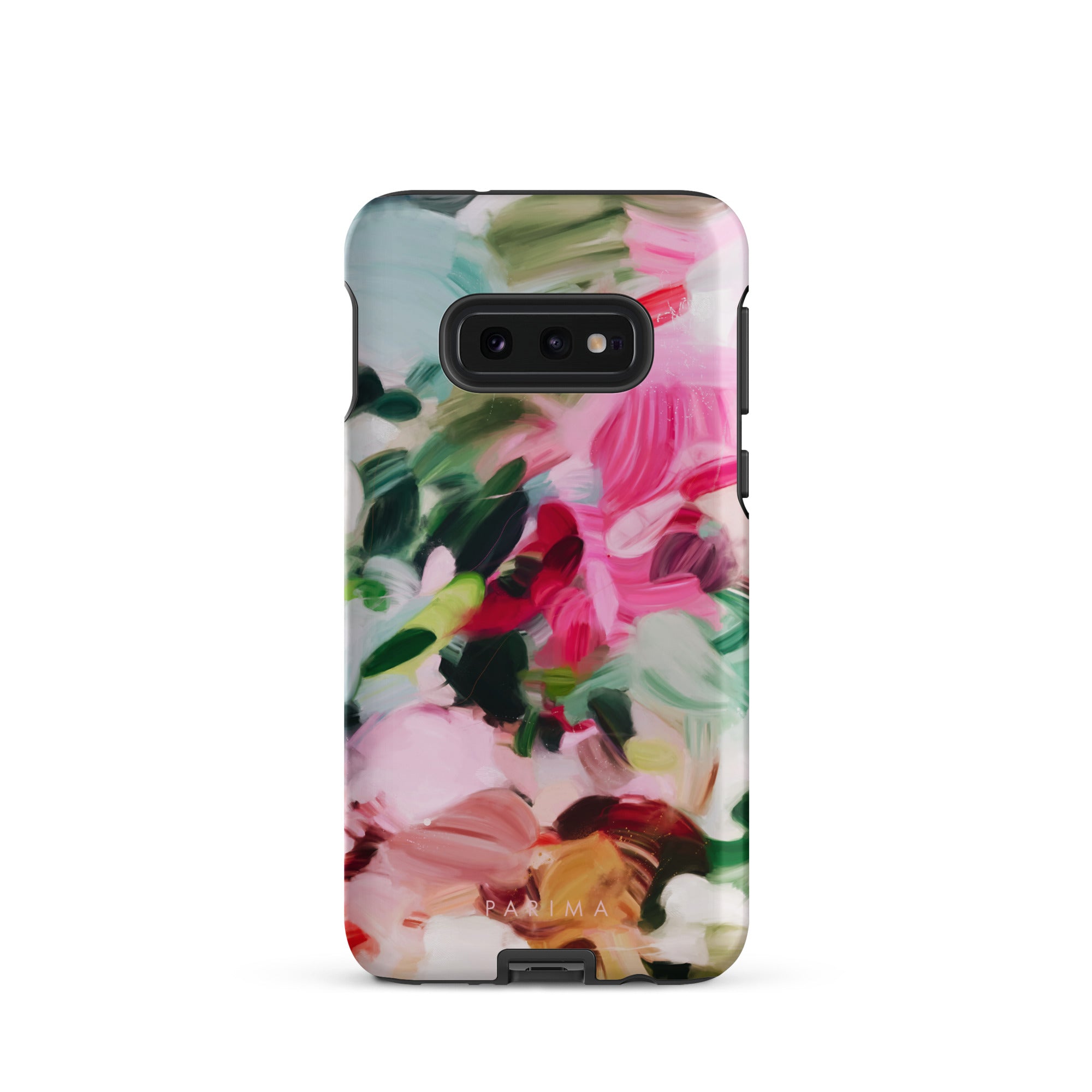 Bloom, pink and green abstract art on Samsung Galaxy S10e tough case by Parima Studio