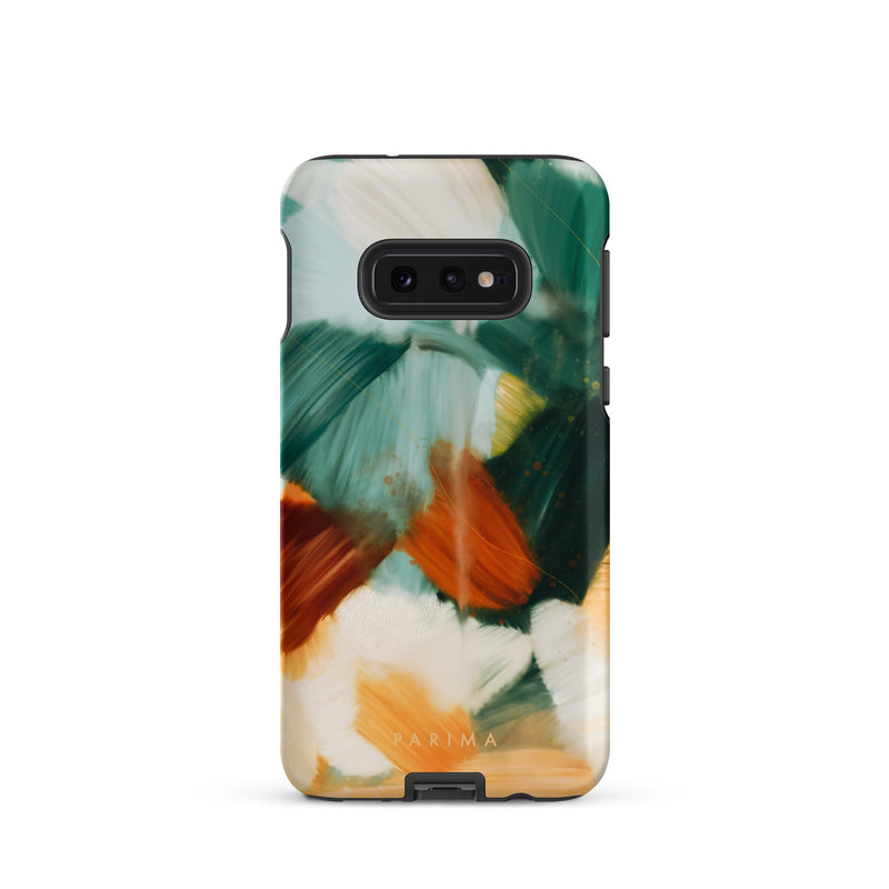 Meridian, green and orange abstract art on Samsung Galaxy S10e tough case by Parima Studio