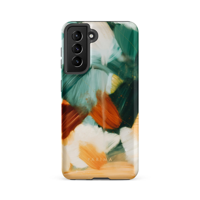 Meridian, green and orange abstract art on Samsung Galaxy S21 FE tough case by Parima Studio