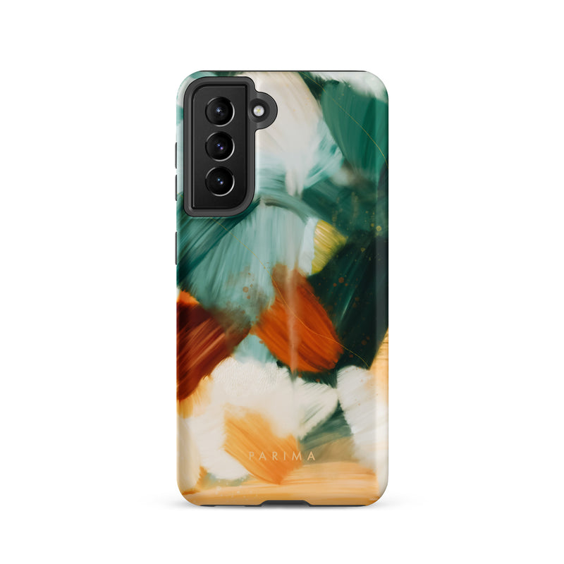 Meridian, green and orange abstract art on Samsung Galaxy S21 tough case by Parima Studio