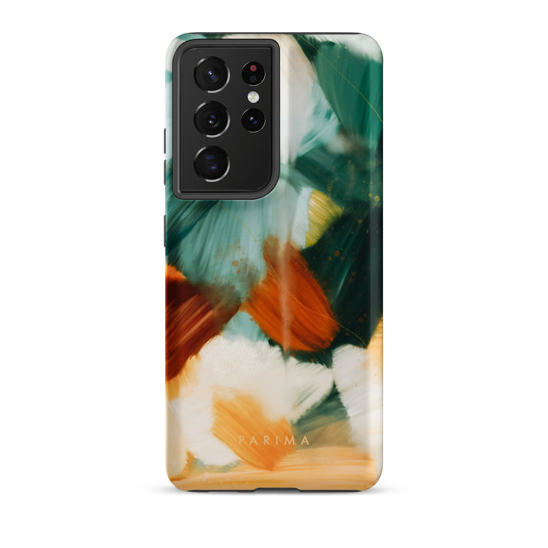 Meridian, green and orange abstract art on Samsung Galaxy S21 Ultra tough case by Parima Studio