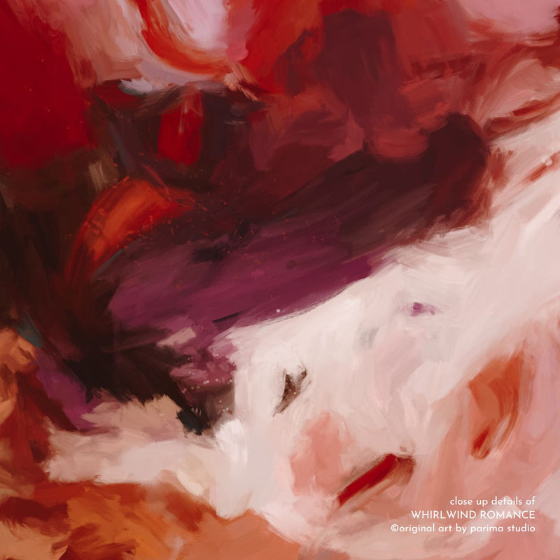 Close up of Whirlwind Romance, pink and red colorful abstract wall art print by Parima Studio
