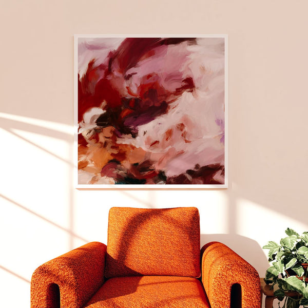 Whirlwind Romance, pink and red colorful abstract wall art print by Parima Studio. Oversize art for over armchair in living room
