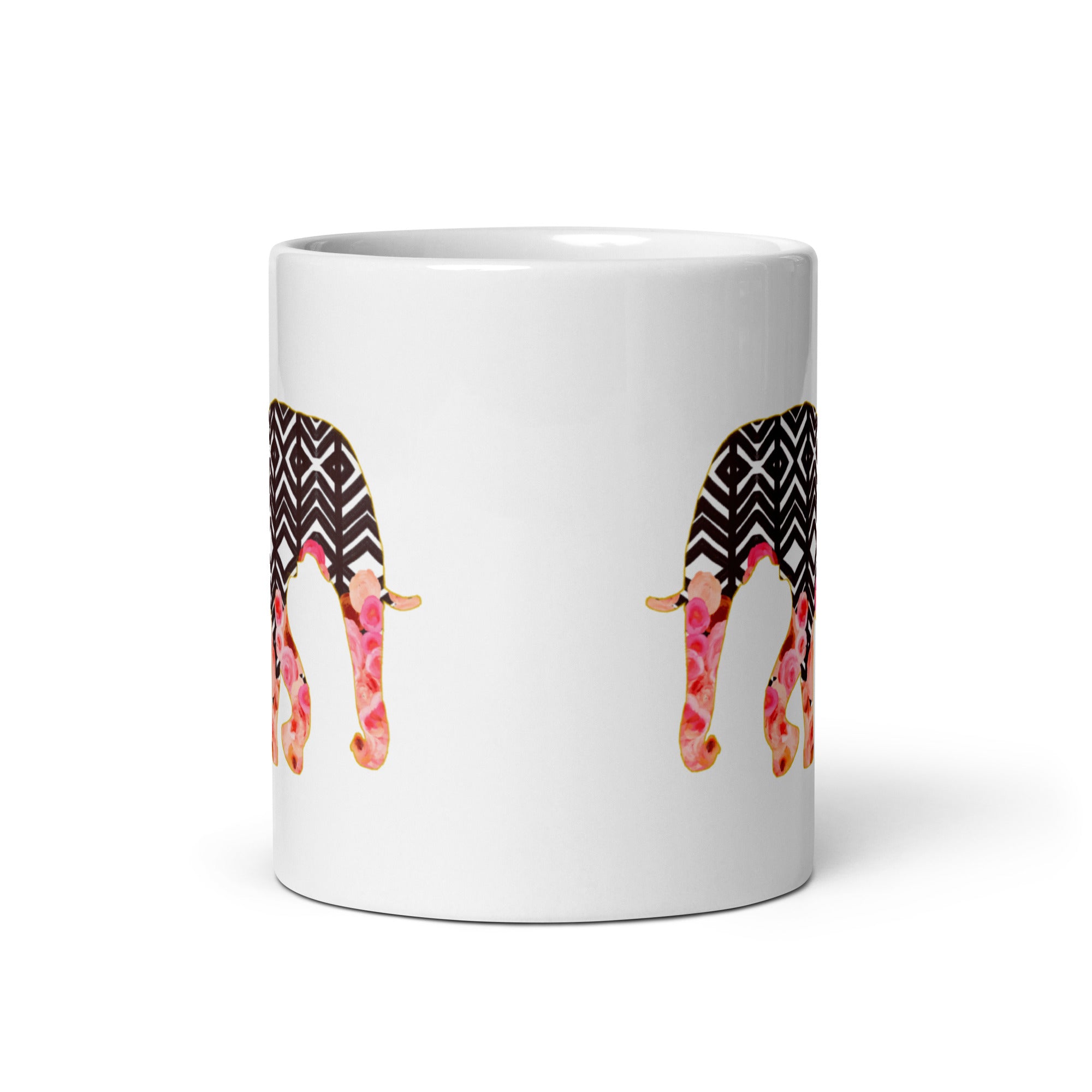 Elephant No.2 Ceramic Mug - Floral and Fauna pattern whimsical art. Charming Pink Elephant