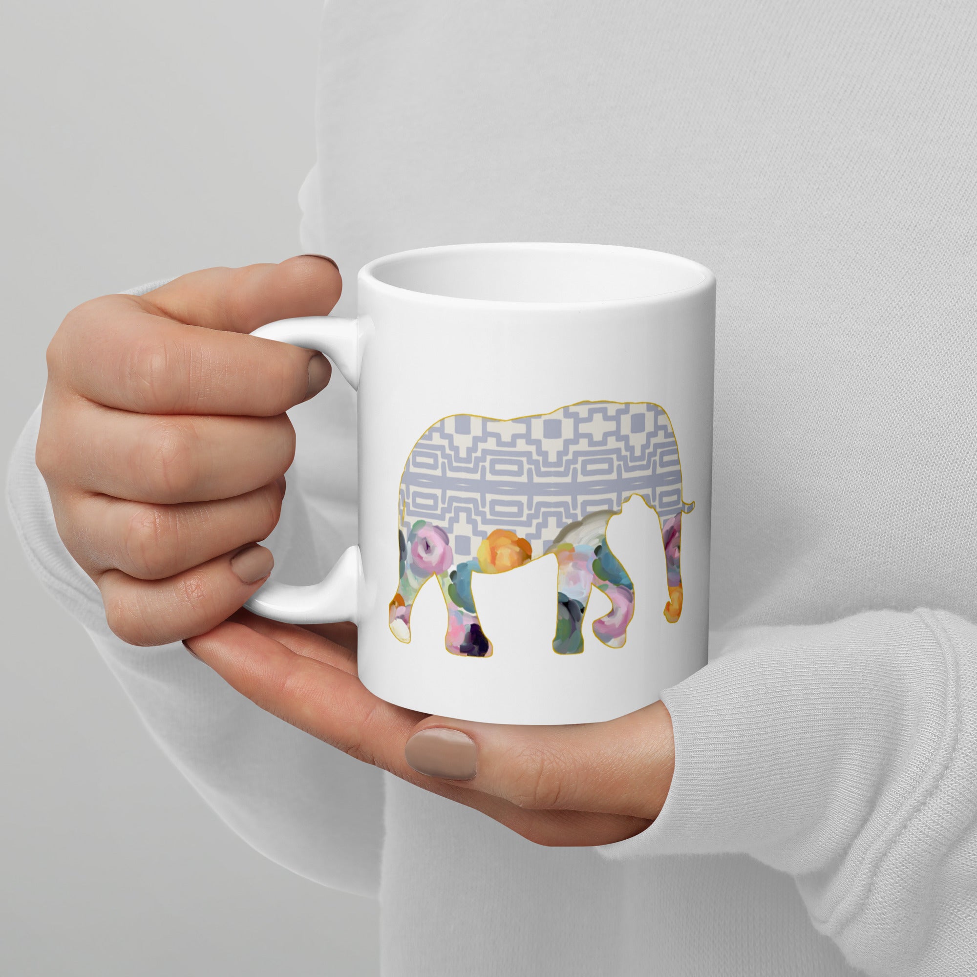 Elephant No.1 Ceramic Mug - Floral and Fauna pattern whimsical art. Charming Light Purple Elephant