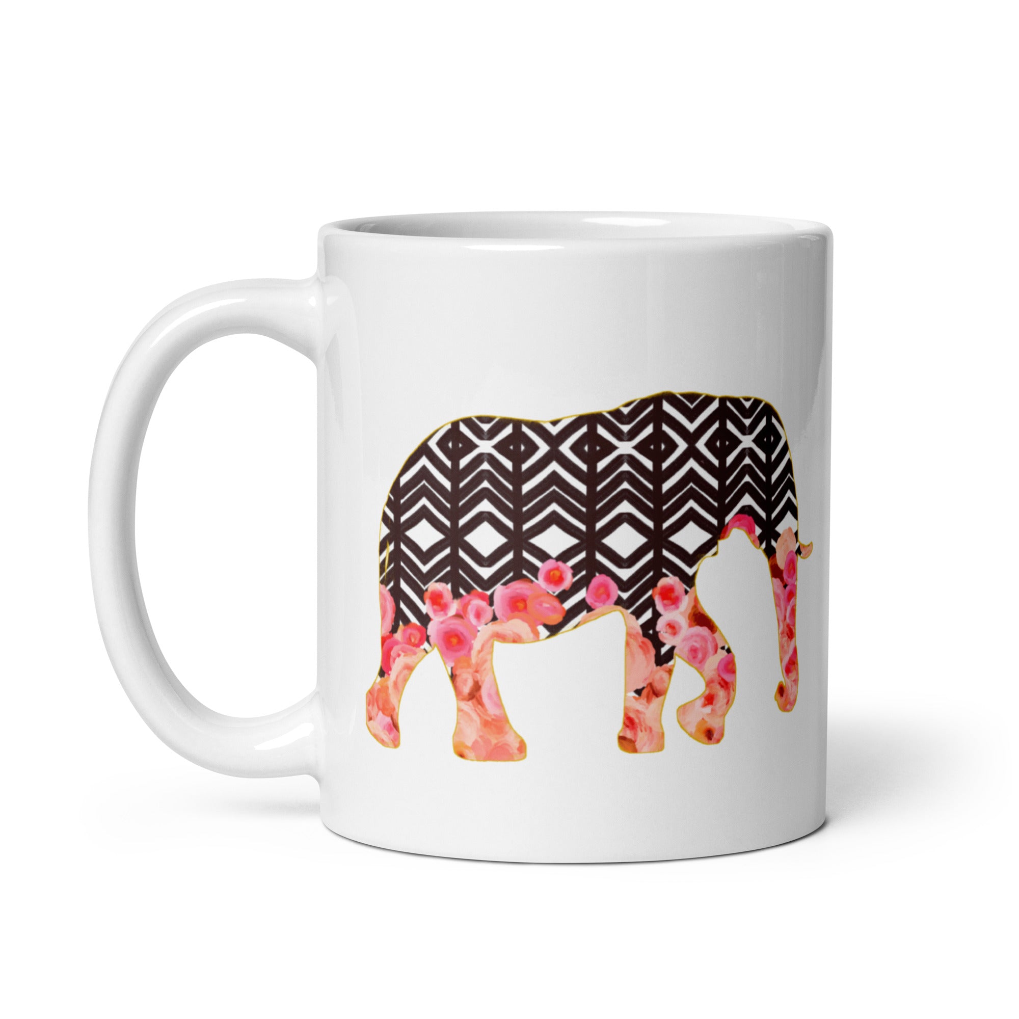 Elephant No.2 Ceramic Mug - Floral and Fauna pattern whimsical art. Charming Pink Elephant