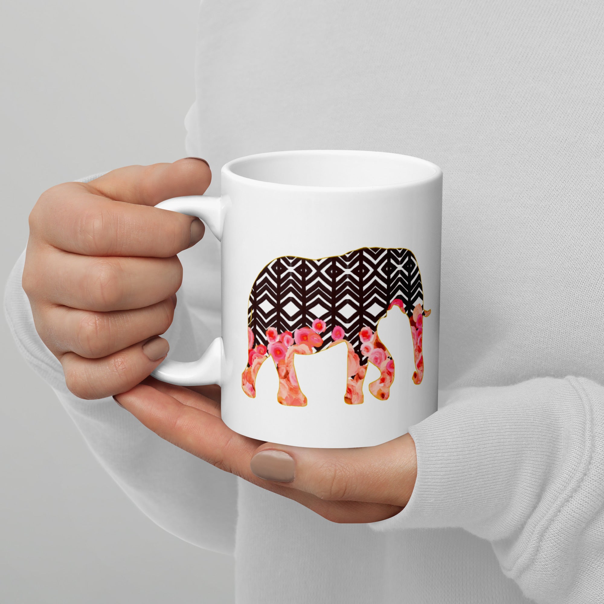 Elephant No.2 Ceramic Mug - Floral and Fauna pattern whimsical art. Charming Pink Elephant