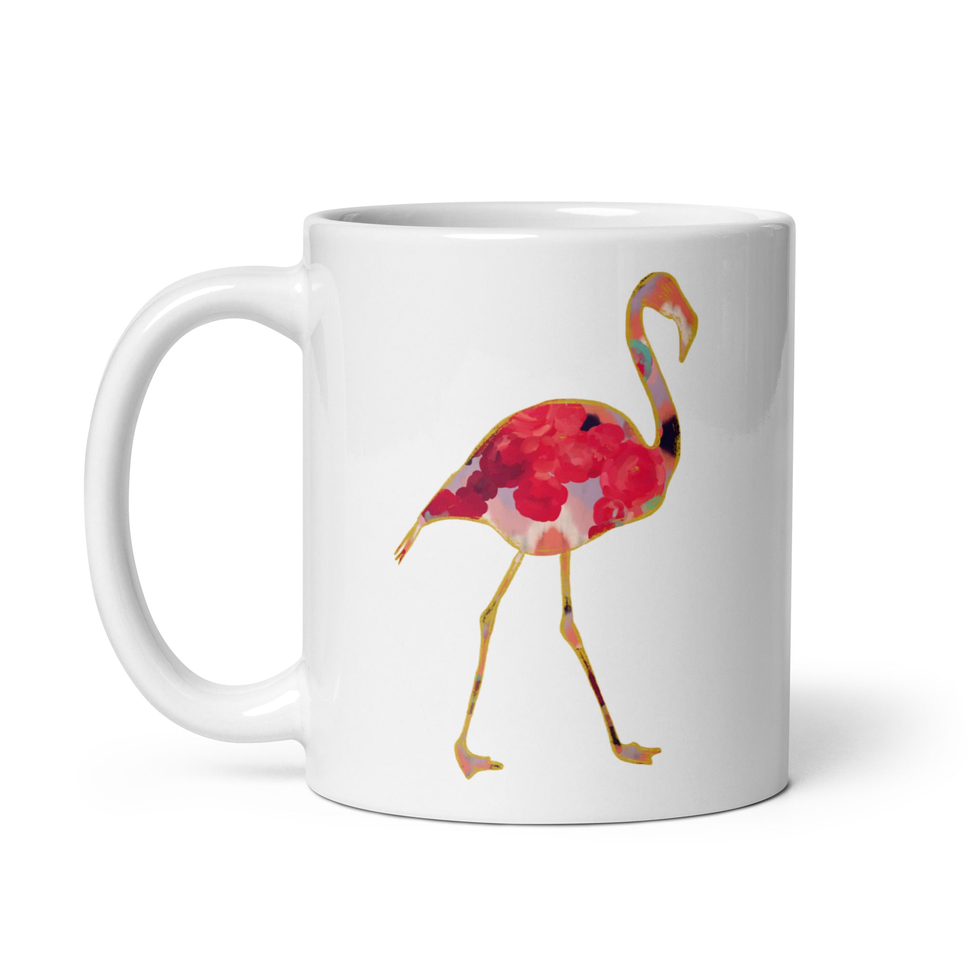 Flamingo No.1 Ceramic Mug - Floral and Fauna pattern whimsical art. Pink flamingo