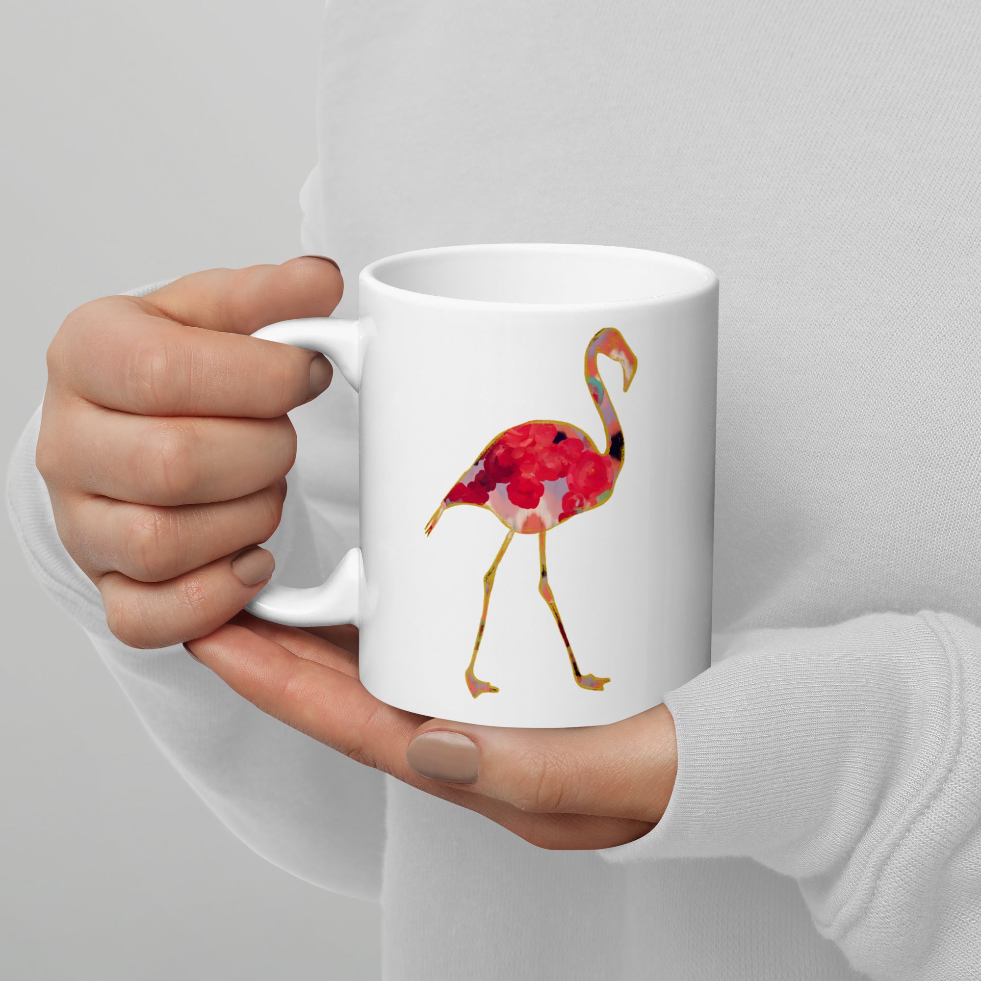 Flamingo No.1 Ceramic Mug 11oz - Floral and Fauna pattern whimsical art. Pink flamingo.