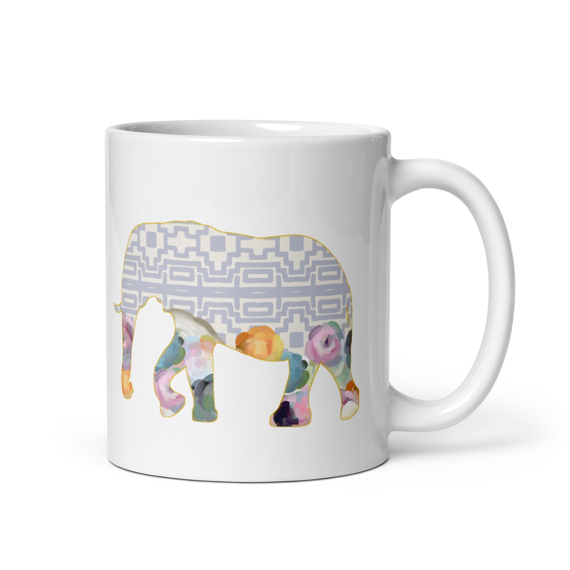 Elephant No.1 Ceramic Mug - Floral and Fauna pattern whimsical art. Charming Light Purple Elephant