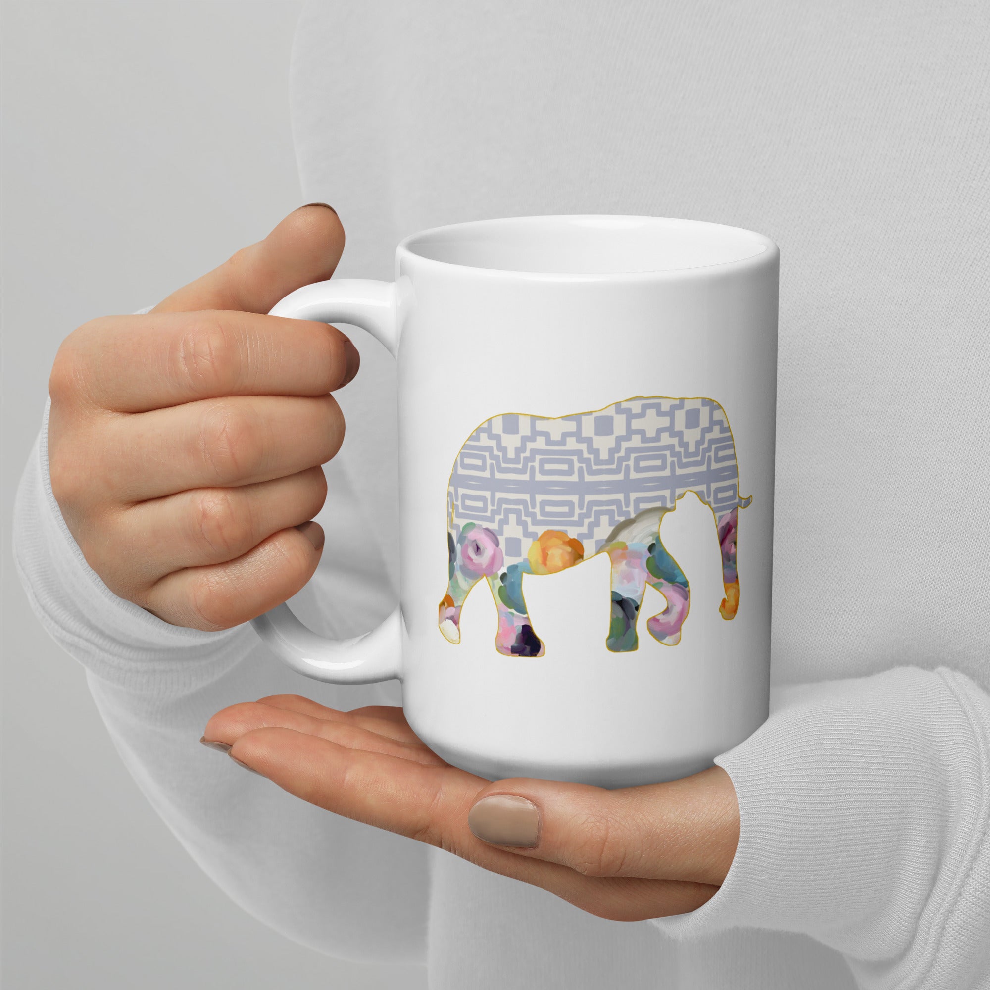 Elephant No.1 Ceramic Mug 15oz - Floral and Fauna pattern whimsical art. Charming Light Purple Elephant