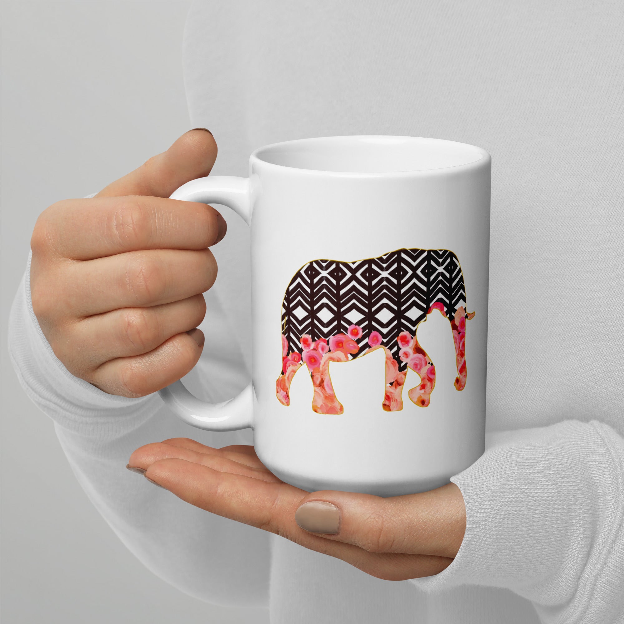 Elephant No.2 Ceramic Mug 15oz- Floral and Fauna pattern whimsical art. Charming Pink Elephant