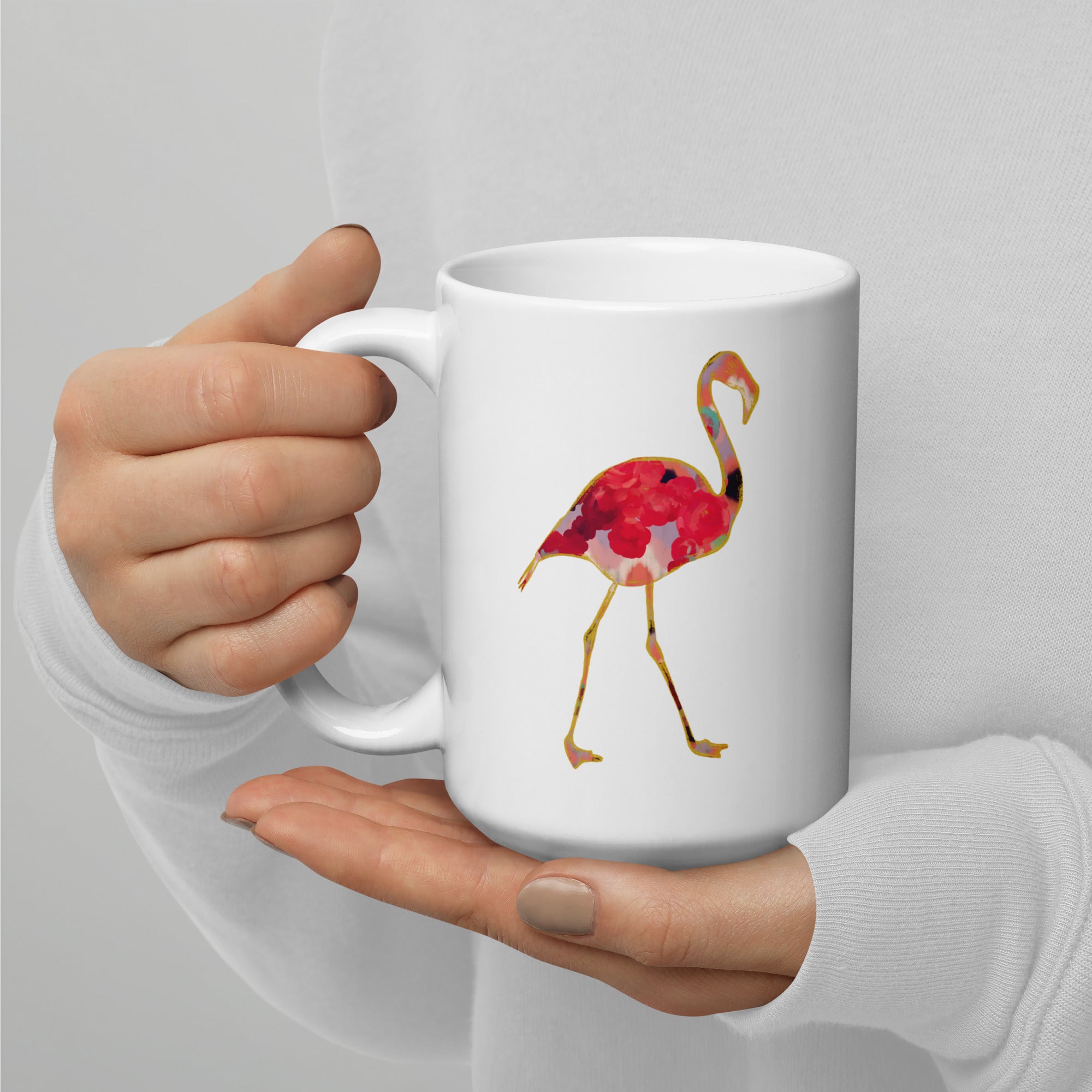 Flamingo No.1 Ceramic Mug 15oz- Floral and Fauna pattern whimsical art. Pink flamingo