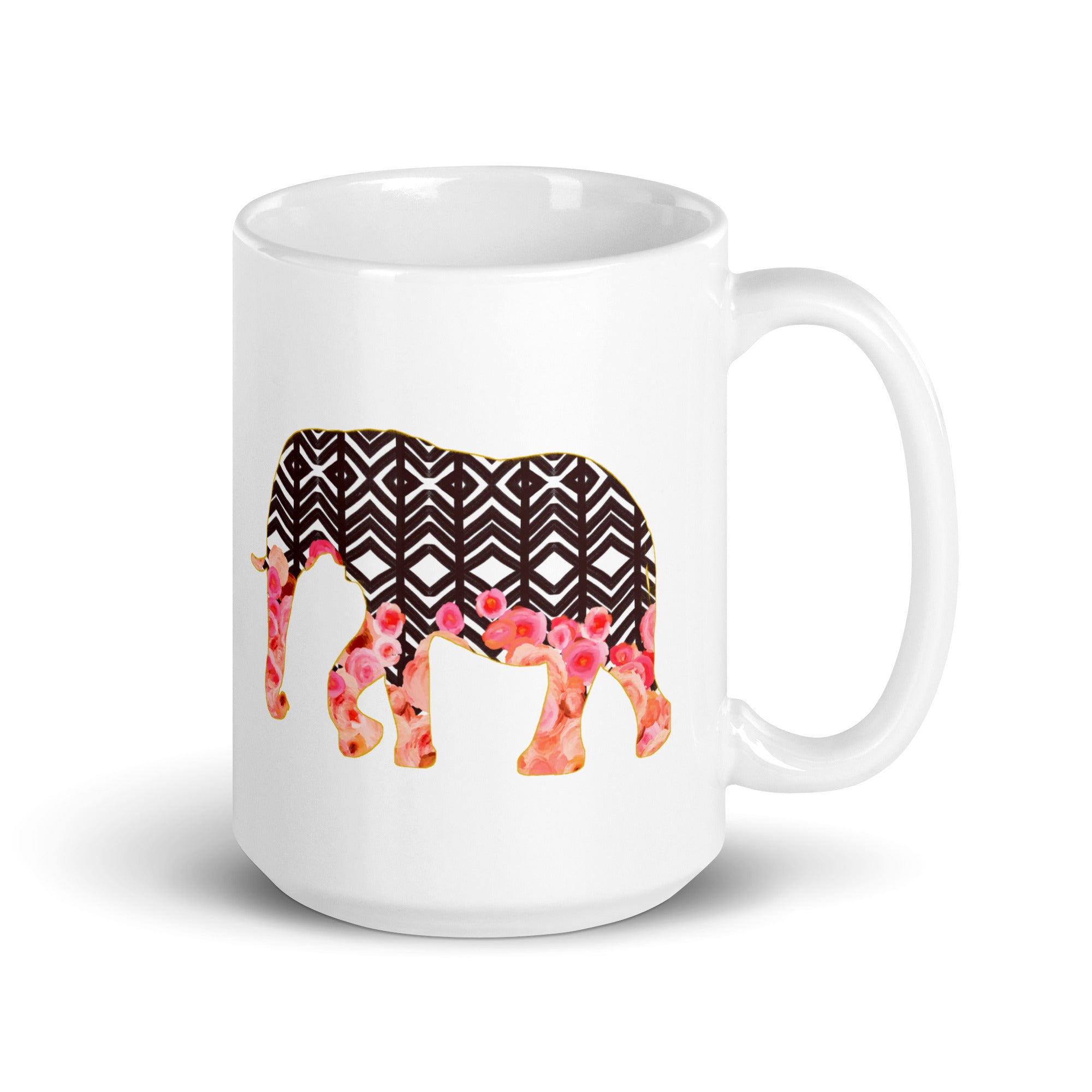 Elephant No.2 Ceramic Mug - Floral and Fauna pattern whimsical art. Charming Pink Elephant