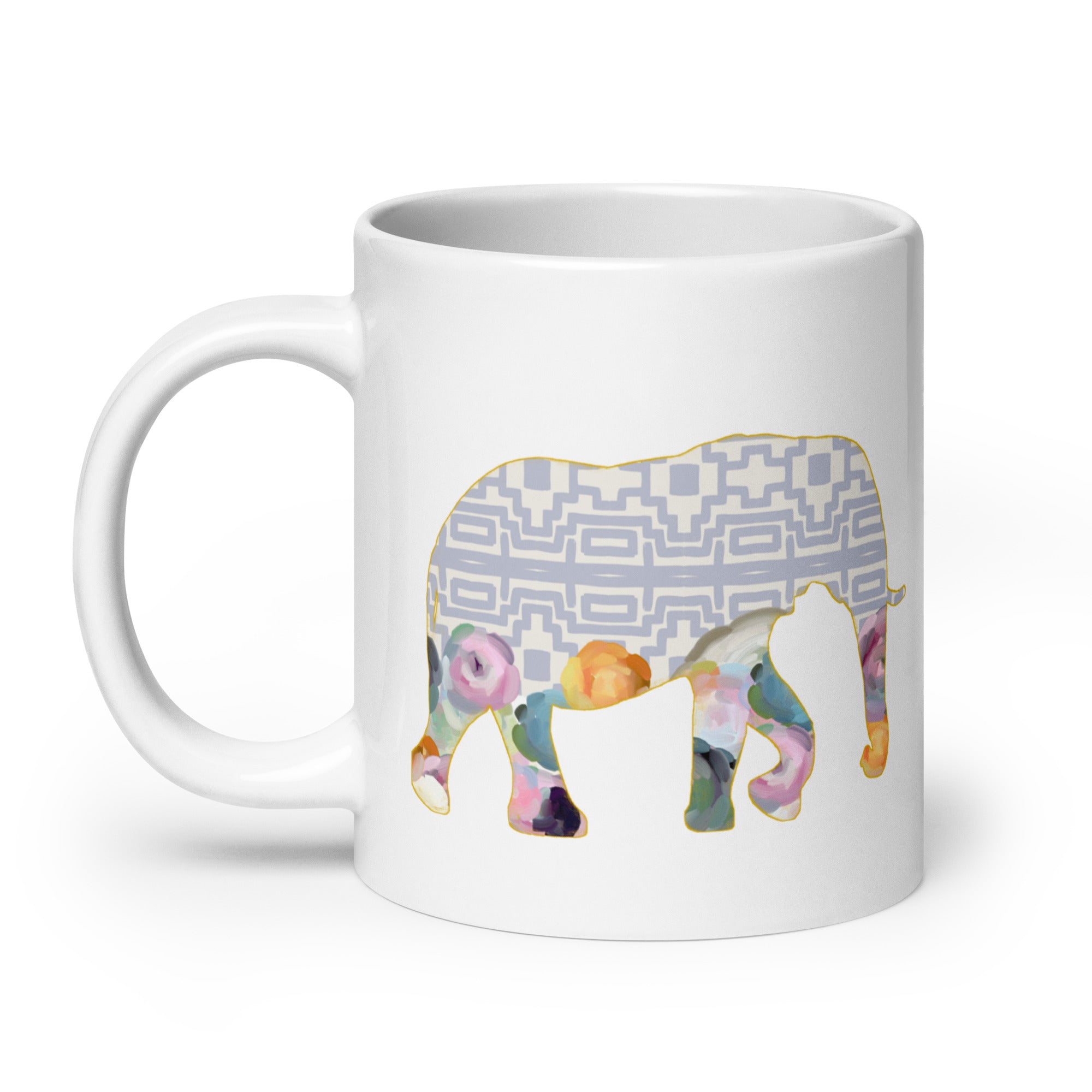 Elephant No.1 Ceramic Mug - Floral and Fauna pattern whimsical art. Charming Light Purple Elephant