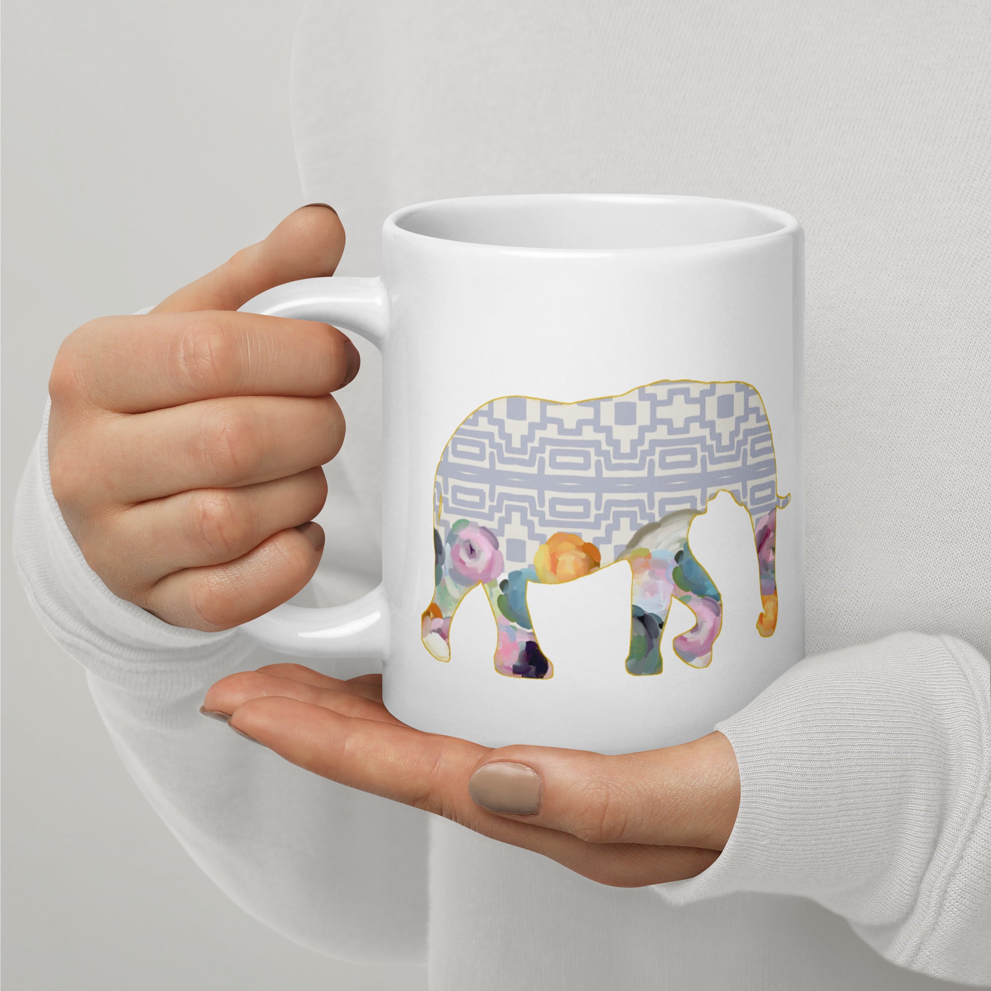 Elephant No.1 Ceramic Mug 20oz- Floral and Fauna pattern whimsical art. Charming Light Purple Elephant