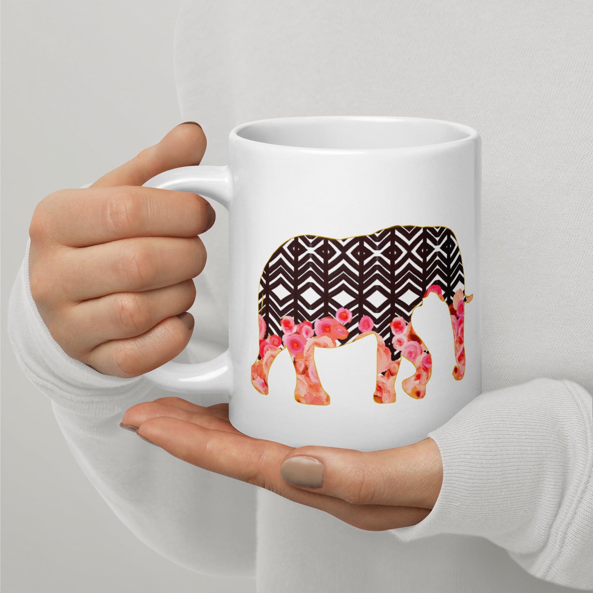 Elephant No.2 Ceramic Mug 20oz- Floral and Fauna pattern whimsical art. Charming Pink Elephant