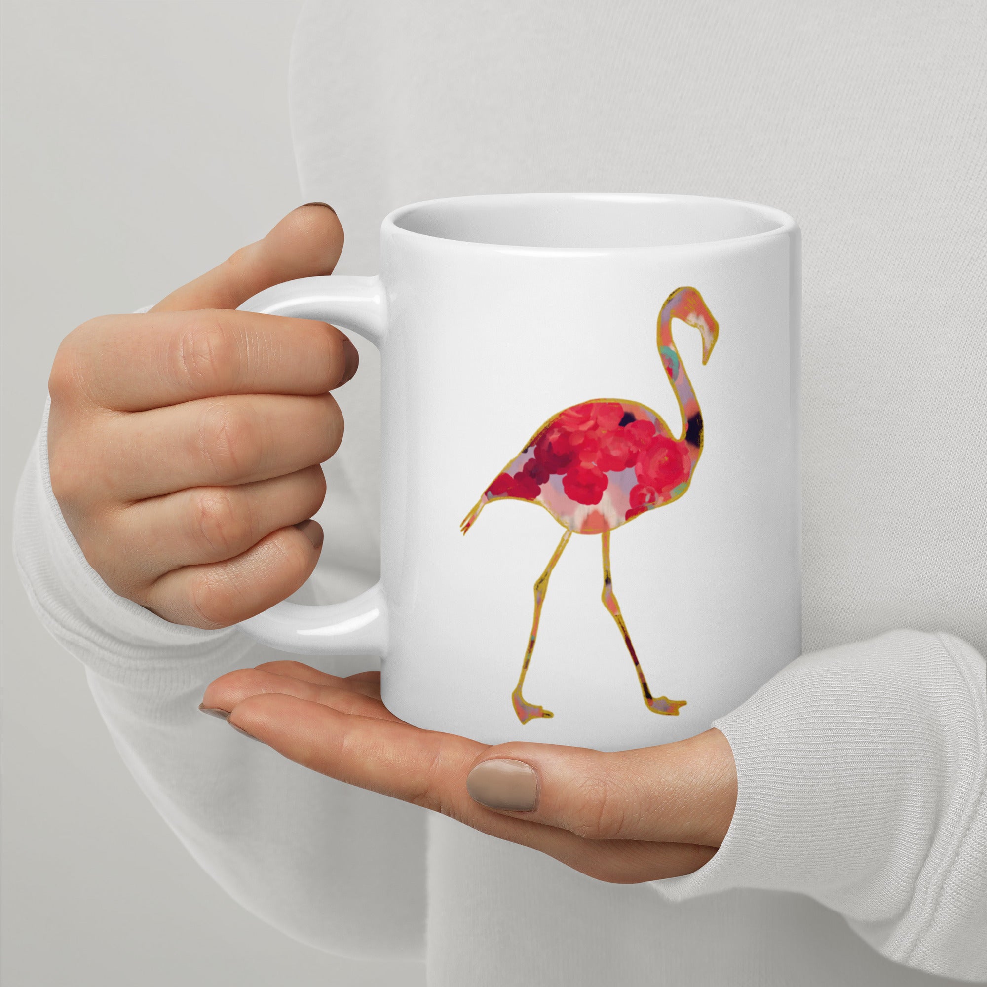 Flamingo No.1 Ceramic Mug - Floral and Fauna pattern whimsical art. Pink flamingo