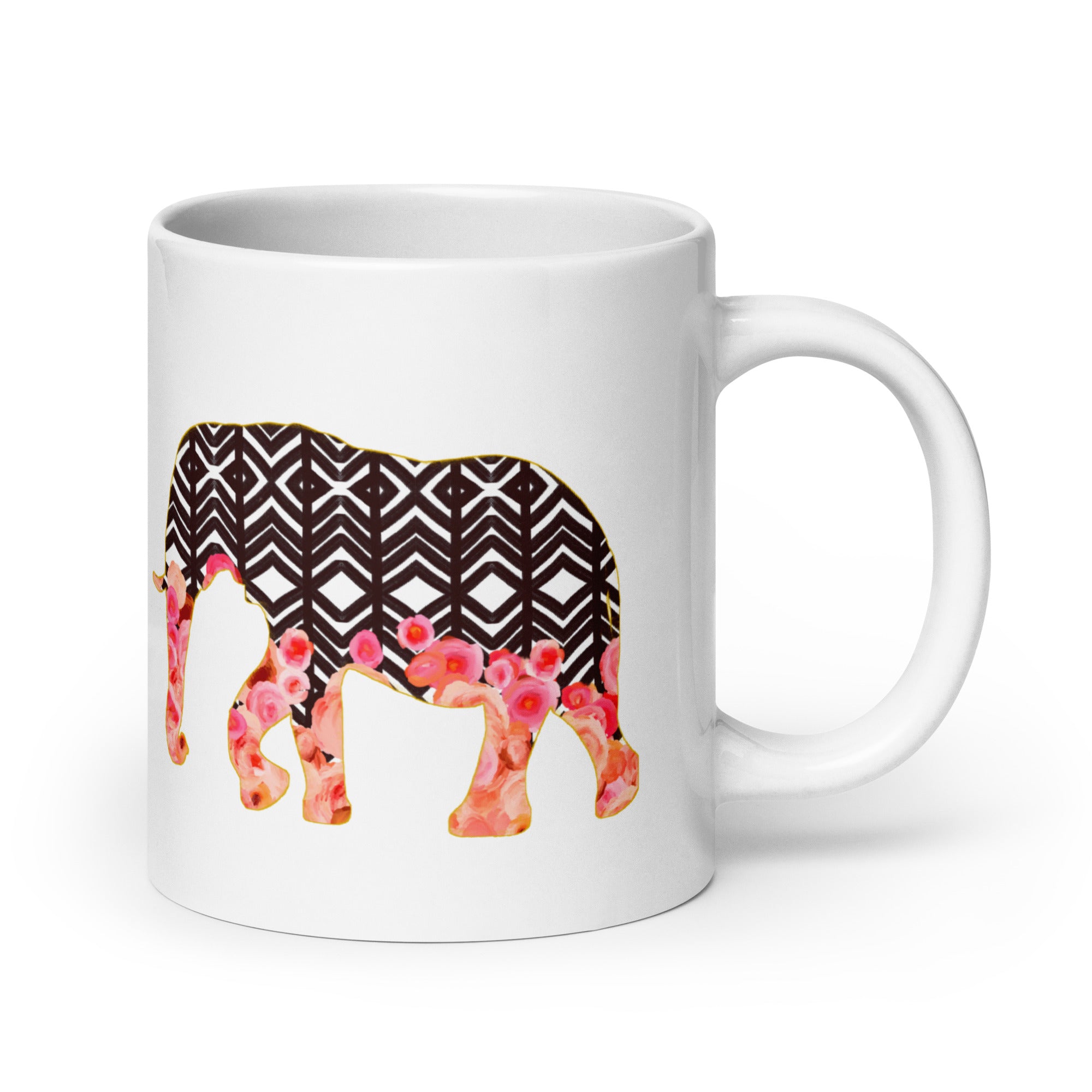 Elephant No.2 Ceramic Mug - Floral and Fauna pattern whimsical art. Charming Pink Elephant