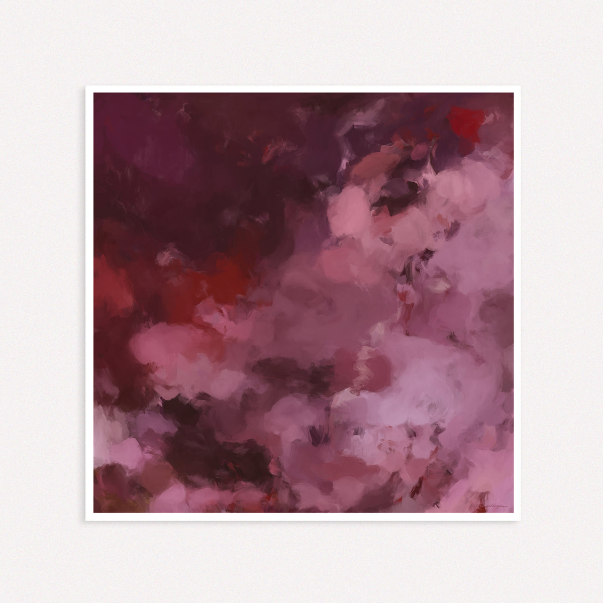 "Wholeheartedly No.2" red, pink, dramatic and romantic square abstract wall art print for your home, hotel, or commercial space.

Art by Patricia Vargas of Parima Studio