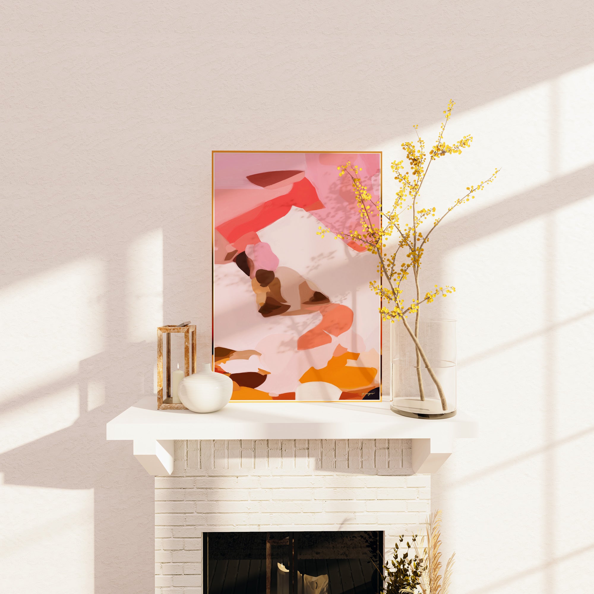 Aby, pink and orange abstract wall art print - contemporary art over fireplace - minimalist - Parima Studio