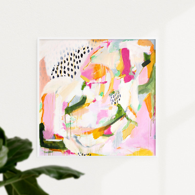 Adira. pink and green abstract art print by Parima Studio. Framed in white