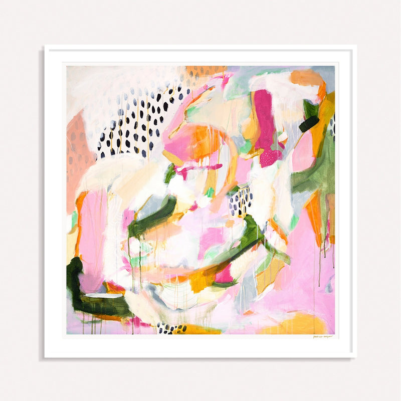 Adira, pink and green framed square colorful abstract wall art print by Parima Studio