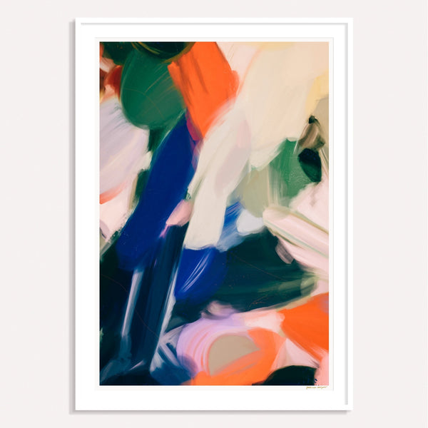 Anemone, blue and orange framed vertical colorful abstract wall art print by Parima Studio