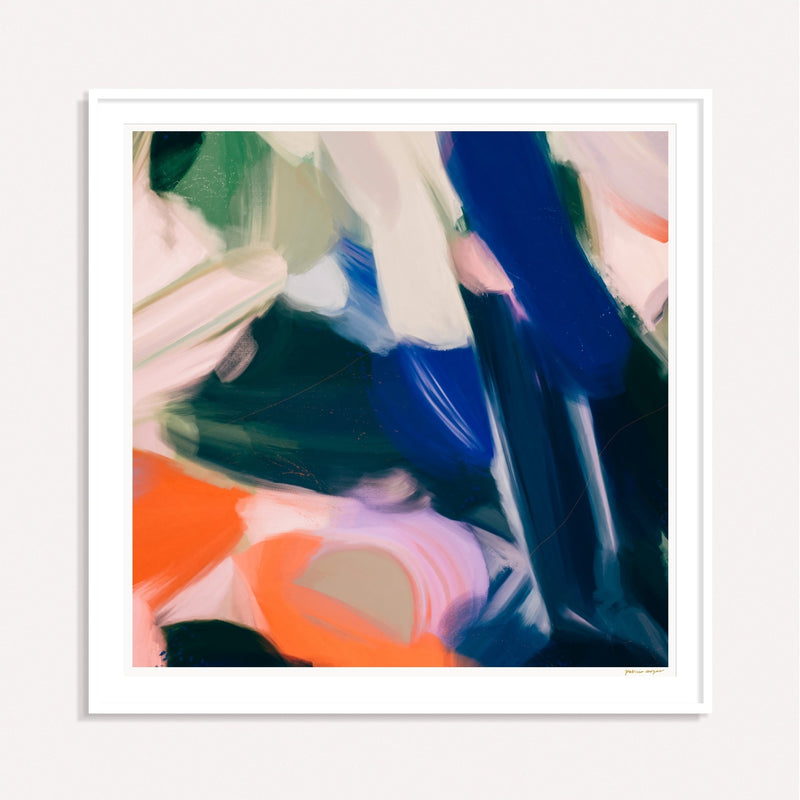 Anemone, blue and orange framed square colorful abstract wall art print by Parima Studio