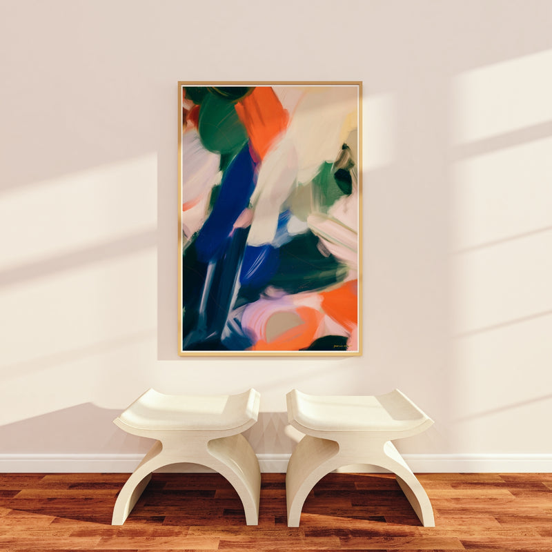 Anemone, bright blue and orange portrait abstract wall art print via Parima Studio. Oversize art for living room.