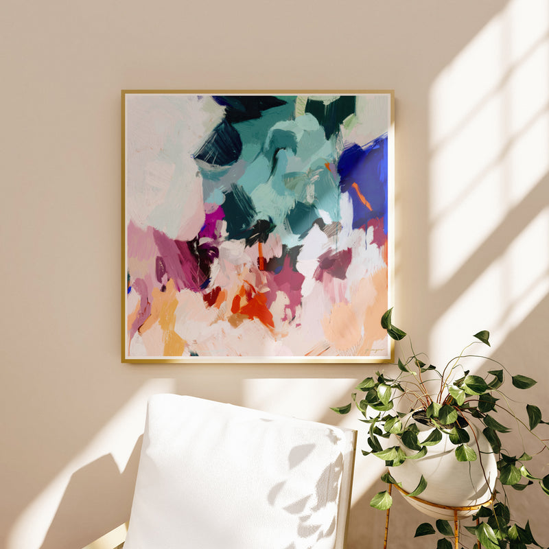 Augustine, jewel toned abstract wall art print by Patricia Vargas of Parima Studio - in living room corner nook. Living room wall decor