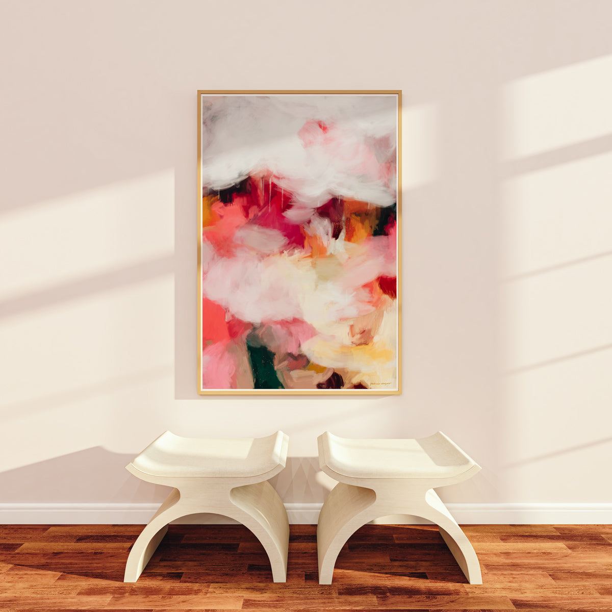 Aviana II, pink and yellow colorful abstract wall art print by Parima Studio. Art for living room over stools.