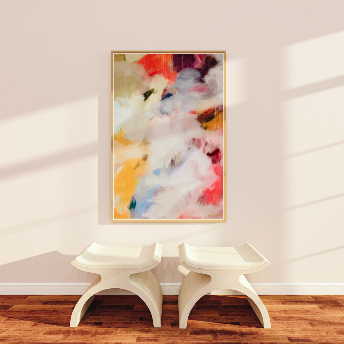 Aviana I, pink and yellow colorful abstract wall art print by Parima Studio. Art for living room over stools.