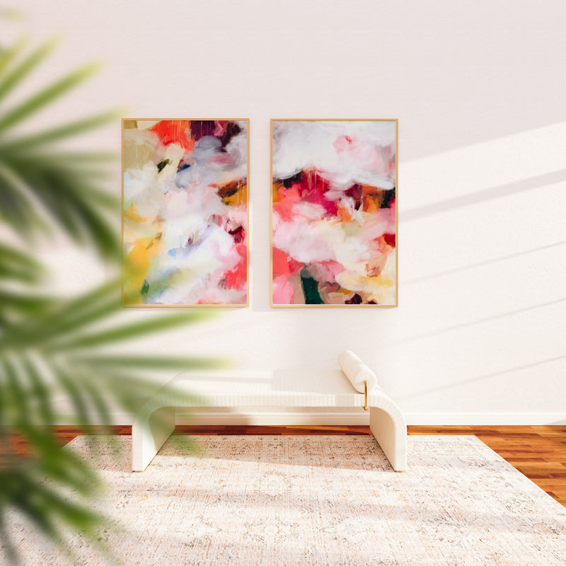 Aviana I and Aviana II pair, pink and yellow colorful abstract wall art print by Parima Studio. Large art for living room over sofa.