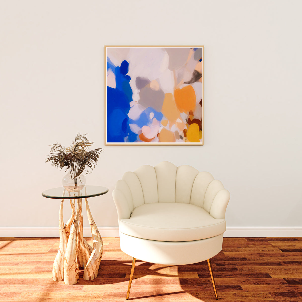 Bluebell II, blue and yellow colorful abstract wall art print by Parima Studio. Oversize square art for living space.