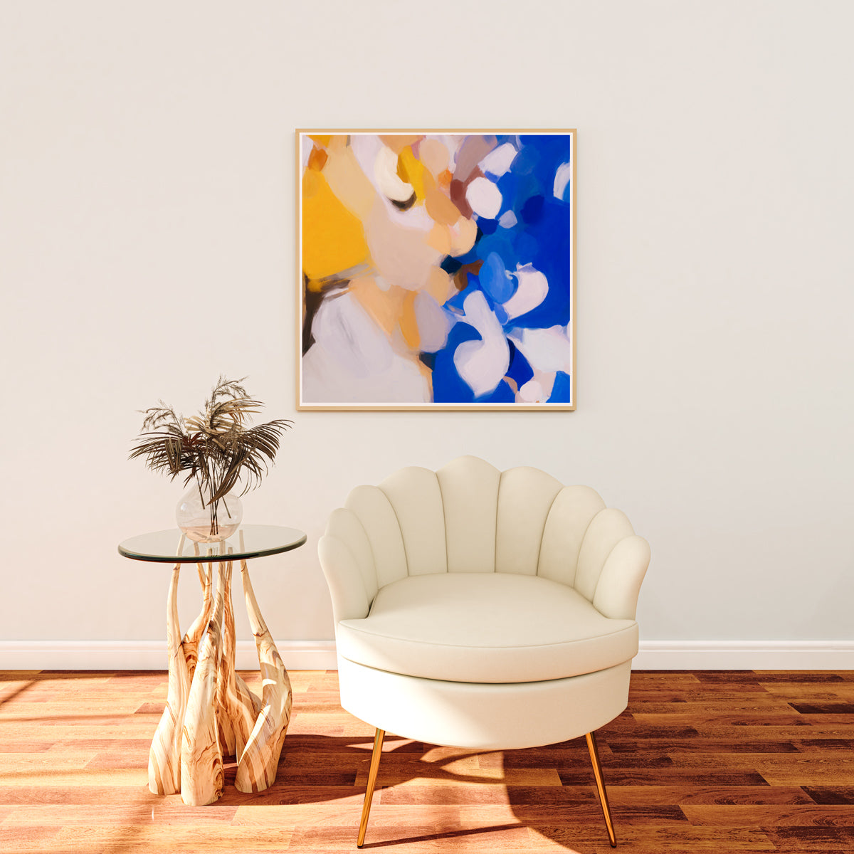 Bluebell I, blue and yellow abstract wall art print by Parima Studio. Square art for living room