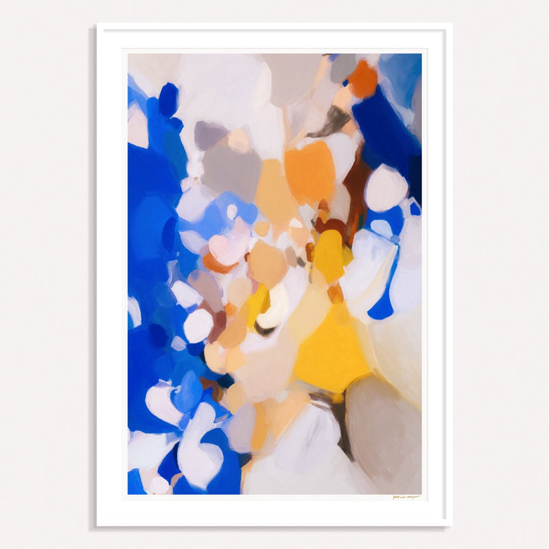 Bluebell, blue and yellow framed vertical colorful abstract wall art print by Parima Studio