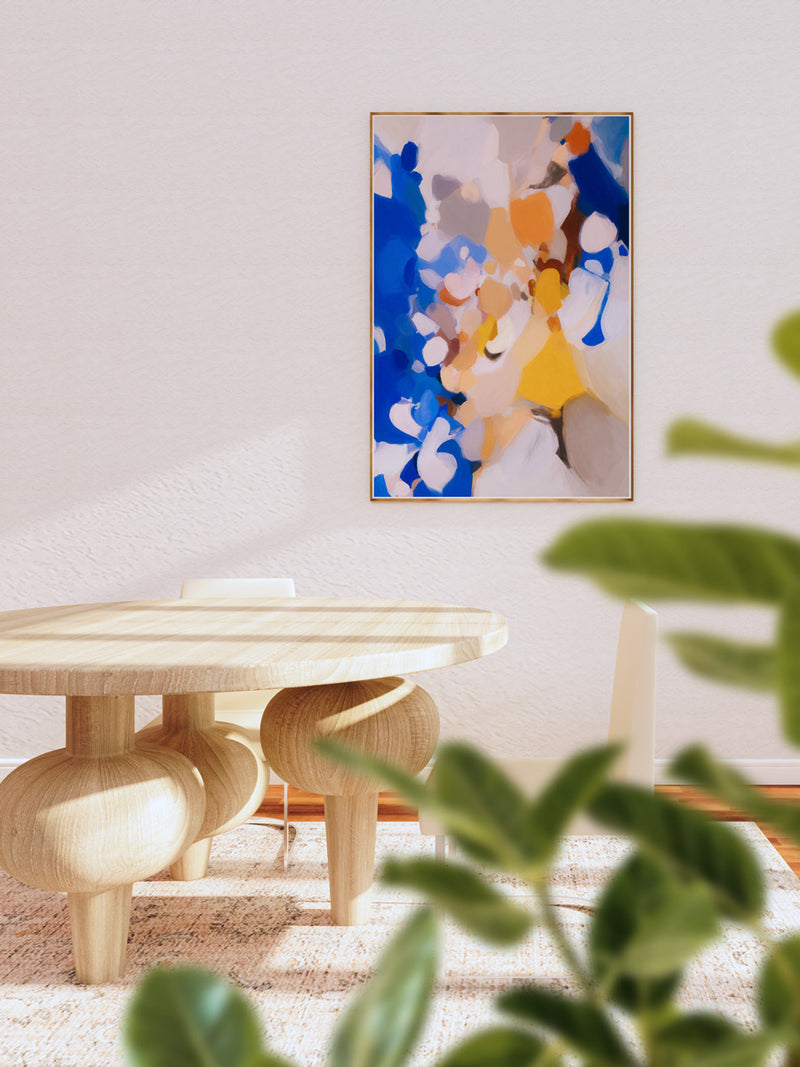 Bluebell, blue and yellow colorful abstract wall art print by Parima Studio. Vertical art for dining room.