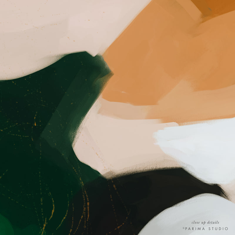 Close up details of Camden, Large green and gold abstract wall art print by Parima Studio