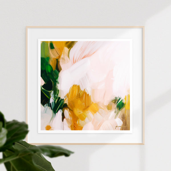 Camellia, large pink and green abstract art print by Parima Studio. Limited edition. Floating mount frame