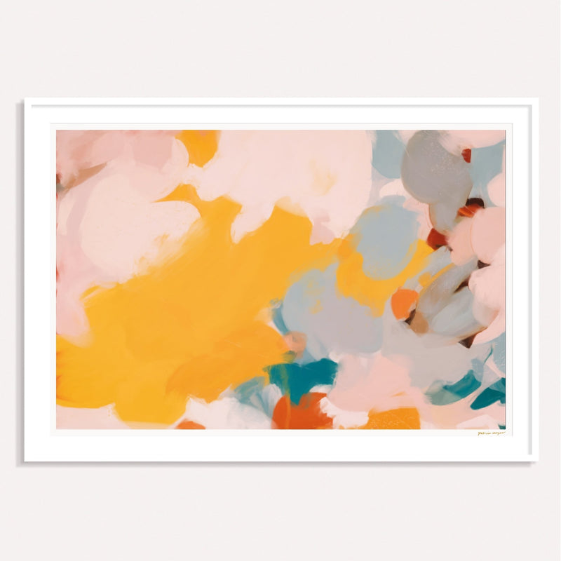 Canary, yellow and blue framed horizontal colorful abstract wall art print by Parima Studio