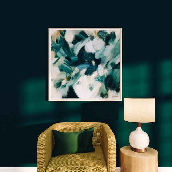 Fractal Art Canvas Poster Abstract Square Shape Symmetrical Green Dark Blue  Leaf Veins Room Decor 20x30inch(50x75cm) Frame-Style